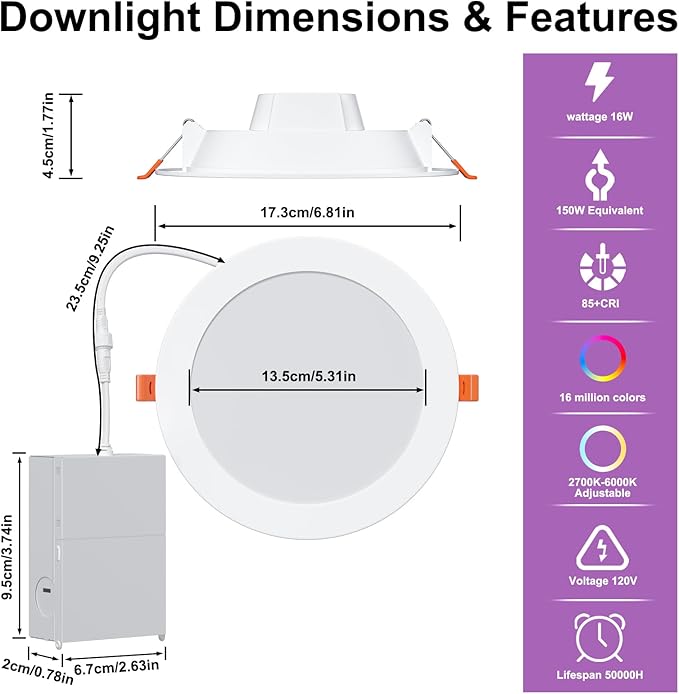 Smart Recessed Lighting 6 Inch RGBCW Color Changing 16W LED Recessed Ceiling Light with Junction Box,1350LM Canless LED Downlight Compatible with Alexa,Dimmable by Bluetooth Control,6 Pack