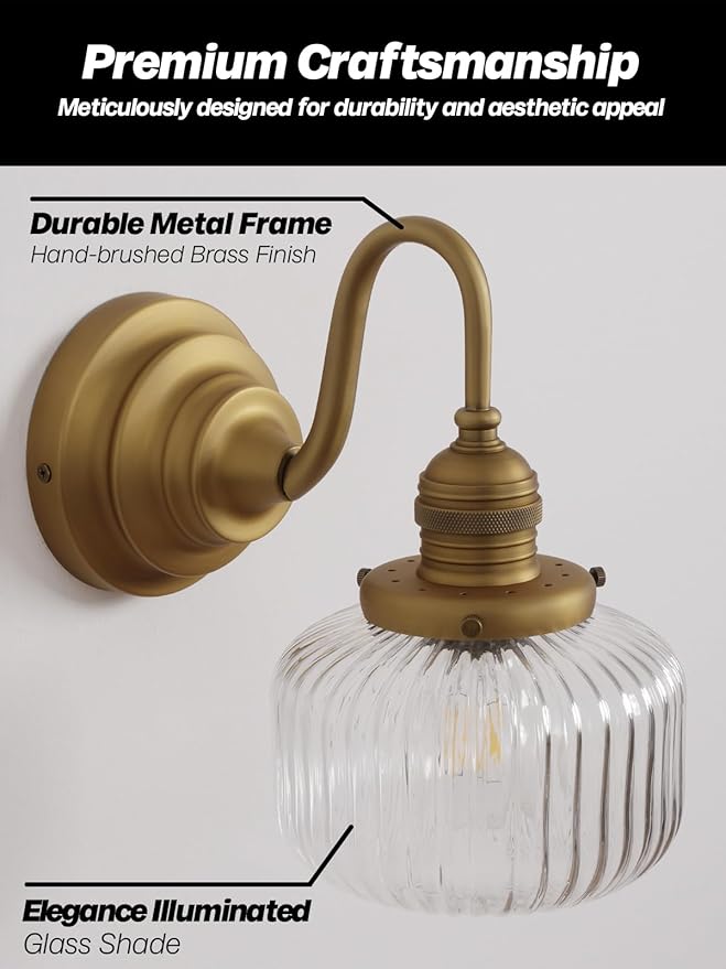 Gold Wall Sconces,Vintage Bathroom Vanity Light with Hand-Blowing Clear Glass Minimalist Hardwire Brass Wall Mounted Lamp for Bathroom Mirror Living Room Bedroom Kitchen E26 Indoor