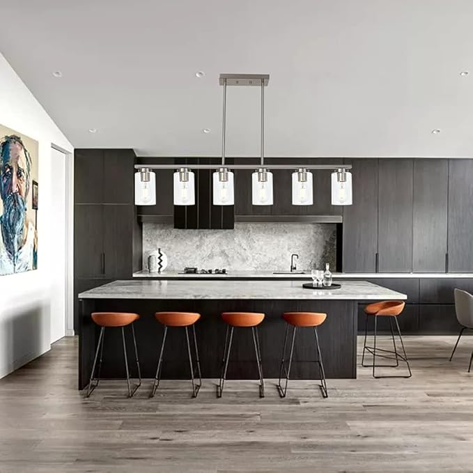 TODOLUZ 6-Light Kitchen Island Lighting with Clear Glass Shades, Modern Linear Pendant Light Fixture for Dining Room Pool Table, Brushed Nickel Finish
