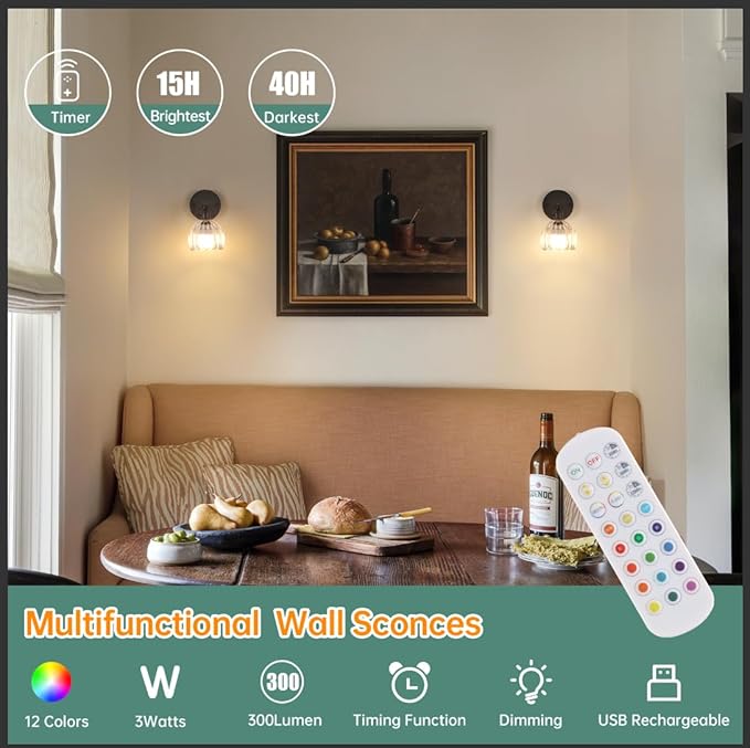 Shenmoyl Vintage Battery Operated Wall Sconce with Transparent Tulip Glass Lampshade Rechargeable Battery Powered Black Wall Light with Remote Control for Bedside Bedroom Doorway, Set of 2