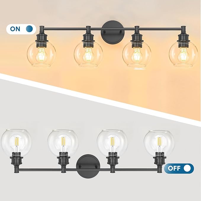 Bathroom Light Fixtures, 4-Light Matte Black Vanity Light Globe Glass Shades, Bathroom Lighting Fixtures Over Mirror, Wall Sconces for Master Bathroom, Guest Bathroom, Powder Room, 28-inch