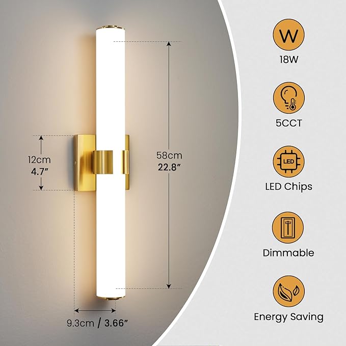 AIJIASI Bathroom Vanity Light Fixtures Over Mirror - 22.8 Inch Gold Bathroom Light Fixtures with Acrylic Shade 18W Dimmable 5CCT LED Vanity Light Modern Bathroom Sconces