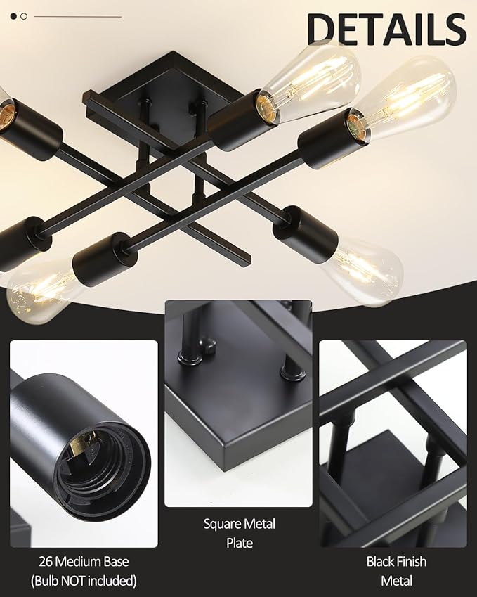 6-Light Semi Flush Mount Ceiling Light Fixture, Modern Black Sputnik Chandelier Lighting, Farmhouse E26 Stock Ceiling Lamp Kitchen Bedroom Living Room Entryway, Bulbs Not Included