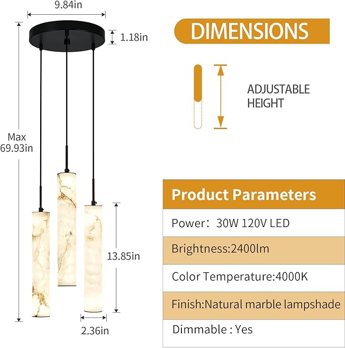 LMQNINE Natural Alabaster Pendant Lights for Kitchen Island White Marble Long Tube Chandelier 4000K Modern Black Ceiling Light Fixtures for Bedroom Dining Room Living Room Hallway(Y-3Light-Crackle)