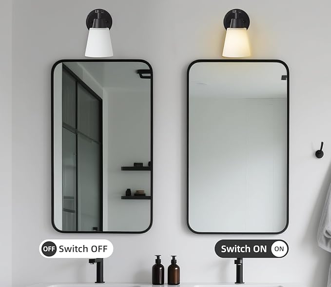Bathroom Vanity Light, 1-Light Wall Sconce, Matte Black Wall Sconce with Milk Glass