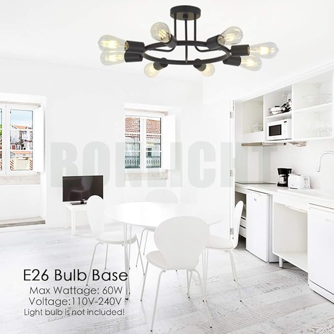 BONLICHT 8 Lights Semi Flush Mount Sputnik Ceiling Light Modern Metal Chandelier Lighting Black Industrial Vintage Sputnik Light Fixtures for Kitchen Island Dining Room Foyer Bedroom