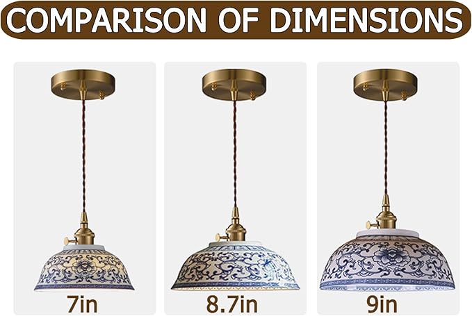 Ceramic Pendant Light, Chinese Blue and White Porcelain Pendant Light fixtures, Bedside Light, Hanging lamp for Kitchen Island Light Fixture, Home Bedroom Dining Room Ceiling Hanging Light 8.7in