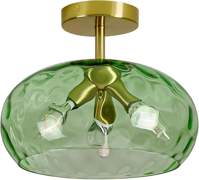 Green Glass Flush Mount Ceiling Light - 12 Inch Hammered Glass Hallway Light fixtures Ceiling, Vintage Gold Semi Flush Mount Ceiling Light,Mid Century Light Fixture for Bedroom Entryway Kitchen