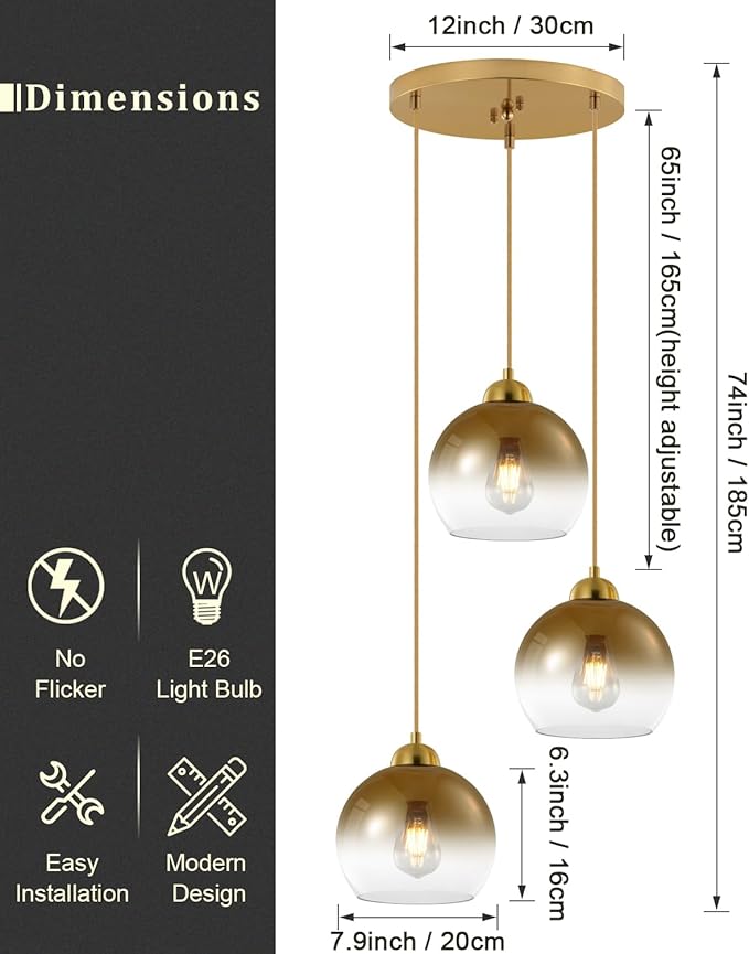 Modern Gradient Gold Glass Pendant Light,3-Light Globe Adjustable Hanging Pendant Light for Bedroom Kitchen Island Dining Room Stairwell