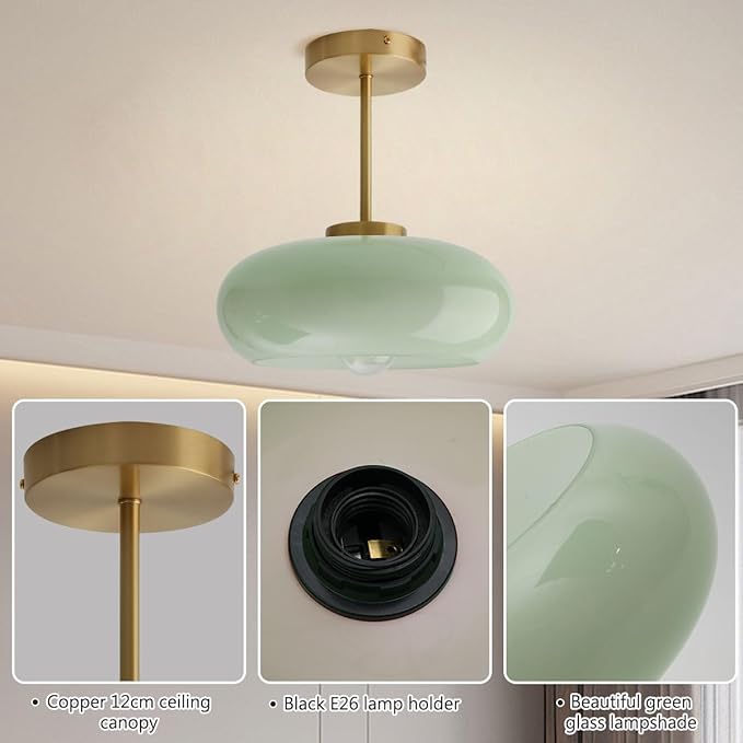 Milk Glass Ceiling Light Semi Flush Mount Ceiling Lights fixtures with Milk Green Glass Shade Mid Century Modern Flush Mount Lighting Gold Brass Close to Lamp for Hallway Kitchen Sink