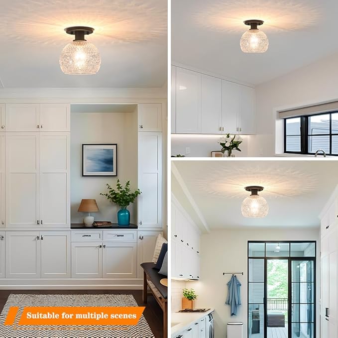 7.09in Semi Flush Mount Ceiling Light Fixture, Vintage Flush Mount Ceiling Light with Glass, Goble Hallway Light Fixtures, Black Bathroom Ceilings Light Overhead Lighting for Porch Corridor Closets