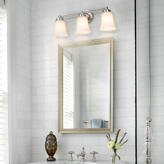 XiNBEi Lighting Vanity Light, Modern Bathroom Wall Light with Glass, Brushed Nickel 3 Light Bath Bar Light XB-W1235-3-BN