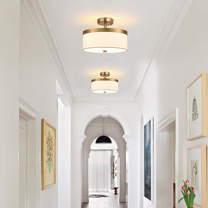 3-Light Flush Mount Ceiling Light,12”Close to Ceiling Light Fixture, Modern Gold Ceiling Light with White Fabric Shade Design for Hallway,Bedroom,Entryway or Laundry