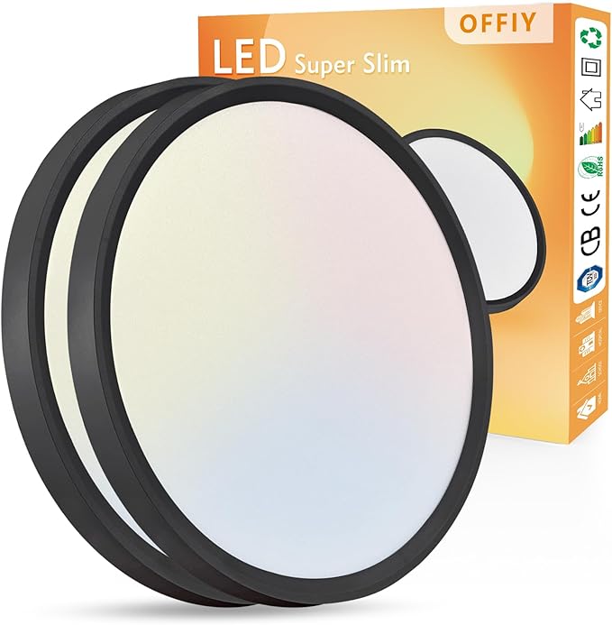 20 Inch LED Flush Mount Ceiling Light, 40W, 4350LM, 3000K/4000K/6000K CCT Selectable Super Slim Round Flat Panel Light for Living Room, Kitchen, Black 2PK