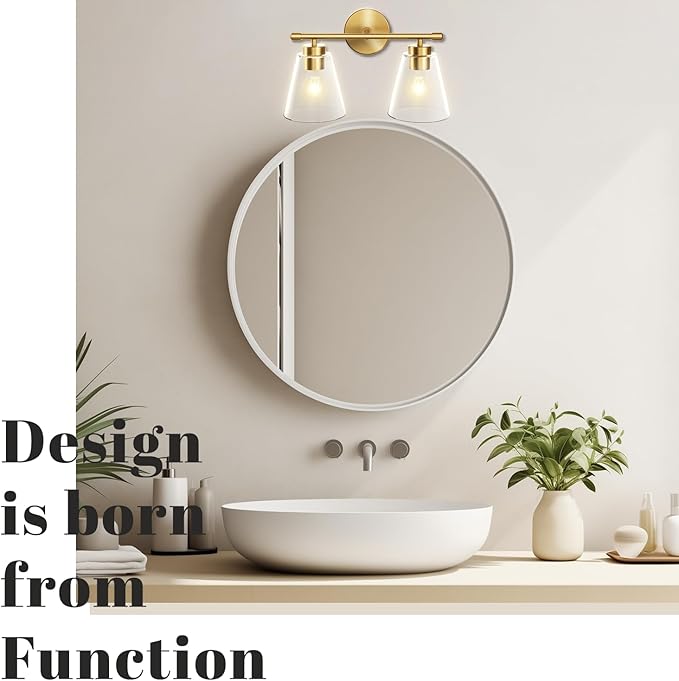 Hamilyeah Bathroom Vanity Light Fixtures Over Mirror, 2 Light Wall Light Fixture with Clear Glass Shade, Gold Sconces Wall Lighting for Bathroom, Kitchen, Living Room