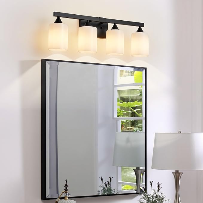 ZHU YAN Bathroom Lights Fixtures Over Mirror,4-Light Vanity Light Fixtures,White Frosted Glass Shades,22 Inches Modern Matte Black Wall Sconces for Bathroom,Bedroom,E26 Base