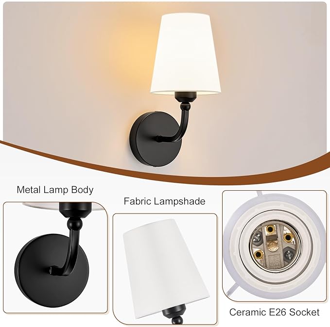 Modern Bathroom Vanity Light, Matte Black Bathroom Light Fixtures, Set of 2 Lighting Fixtures Over Mirror, Modern Wall Sconce with Flared White Fabric Shade, E26 Socket(ETL Listed)
