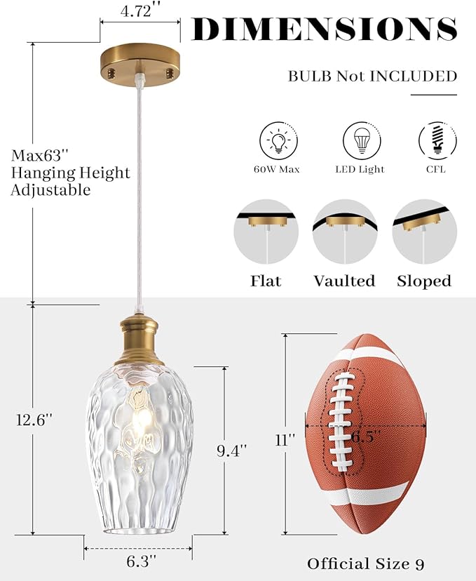 Gold Pendant Lights Kitchen Island, 6.3”Clear Hammered Glass Pendant Lights, Blown Glass Farmhouse Pendant Light 1-Pack, Kitchen Hanging Light for Kitchen Island, Living Room, Cafe