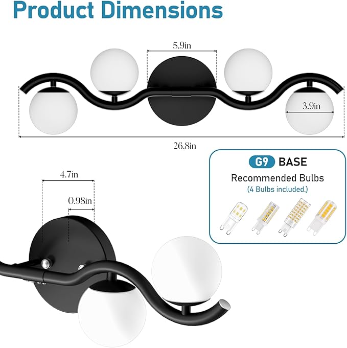 Lightdot 4-Light Bathroom Light Fixtures, 27" Modern Black Vanity Light with White Globe Water/Shatterproof Shades/S-Frame, Rust-Proof Bathroom Wall Lamp for Mirror Living Room Kitchen Cabinet Hallway