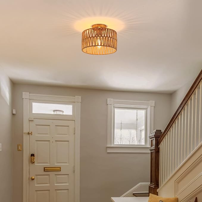 Coastal Antique Gold Woven Flush Mount Light Fixture Rustic Boho Hemp Rope Brass Semi Flush Mount Ceiling Light for Hallway Bedroom Farmhouse Kitchen Entryway Hall
