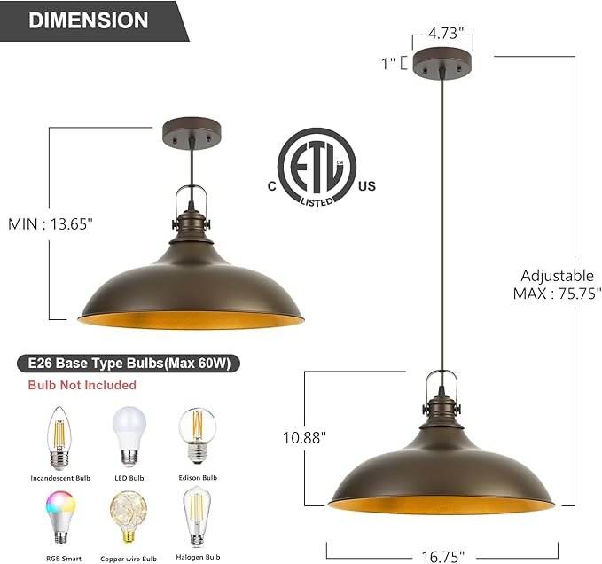 Refice 17 Inch Farmhouse Pendant Lights Kitchen Island Oil Rubbed Bronze Pendant Lighting Industrial Dome Island Pendant Lights, Adjustable Height, Hanging Lights, Dining Room, Barn