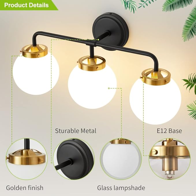 Black Gold Bathroom Light Fixtures Above Mirror, Modern Vanity Lighting with White Glass Globe Shade 3-Light Farmhouse Wall Sconce