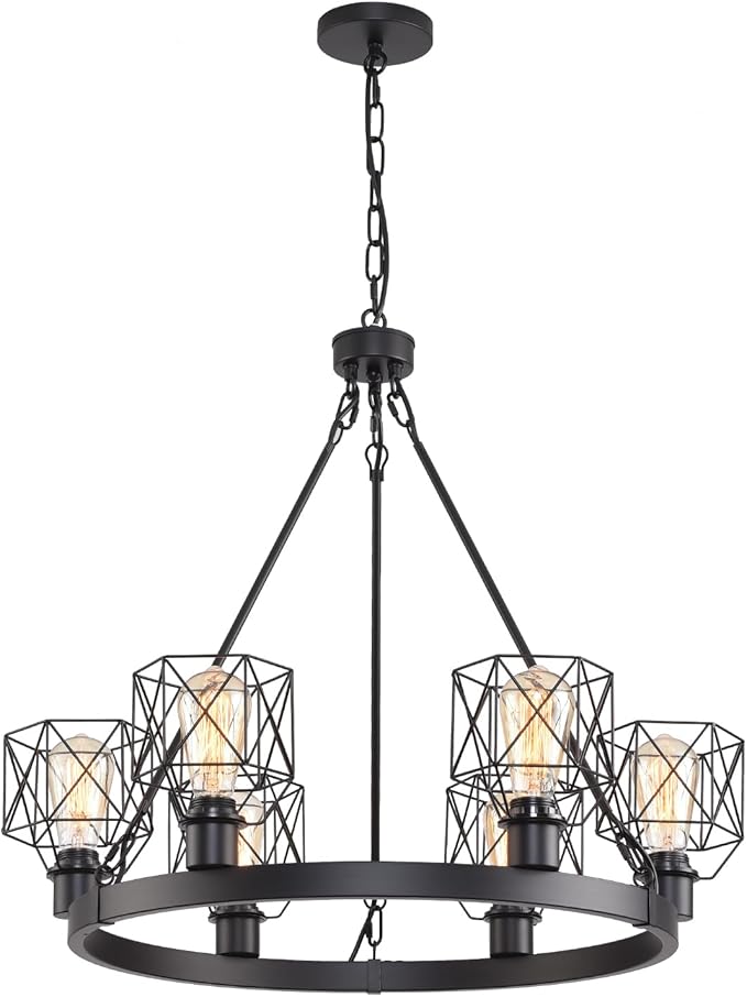 Wagon Wheel Chandelier Modern Farmhouse Pendant Light,Black Farmhouse Chandelier, 6-Light Wagon Wheel Chandelier with Adjustable Height, Dining Room Light Fixture, Hanging Lights