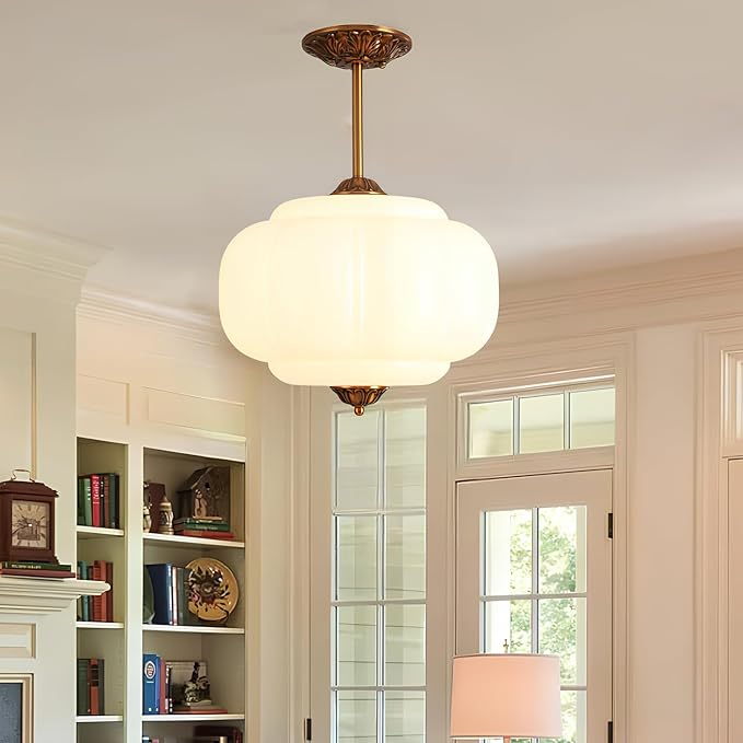15-Inch Vintage Semi Flush Mount Ceiling Light, Milk Glass Chandelier with Antique Brass Finish, Mid Century Modern Schoolhouse Pendant Light Fixtures for Kitchen, Hallway, Dining Room