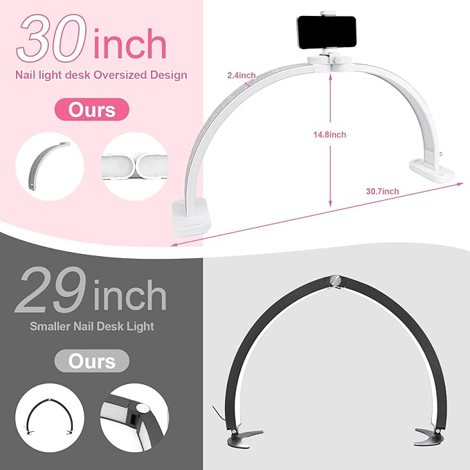 Half Moon Light for Nail Desk 31" Foldable LED Nail Desk Lamp with Phone Holder, Professional Nail Tech Light for Manicure & Beauty Studio
