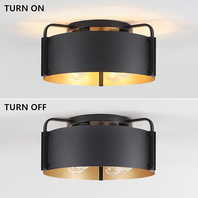 Flush Mount Ceiling Light, 4-Light Industrial Ceiling Light Fixture Matte Black with Gold Inside Kitchen Ceiling Lights for Living Room Kitchen Island Dining,E26 Base(Not Included Bulb)