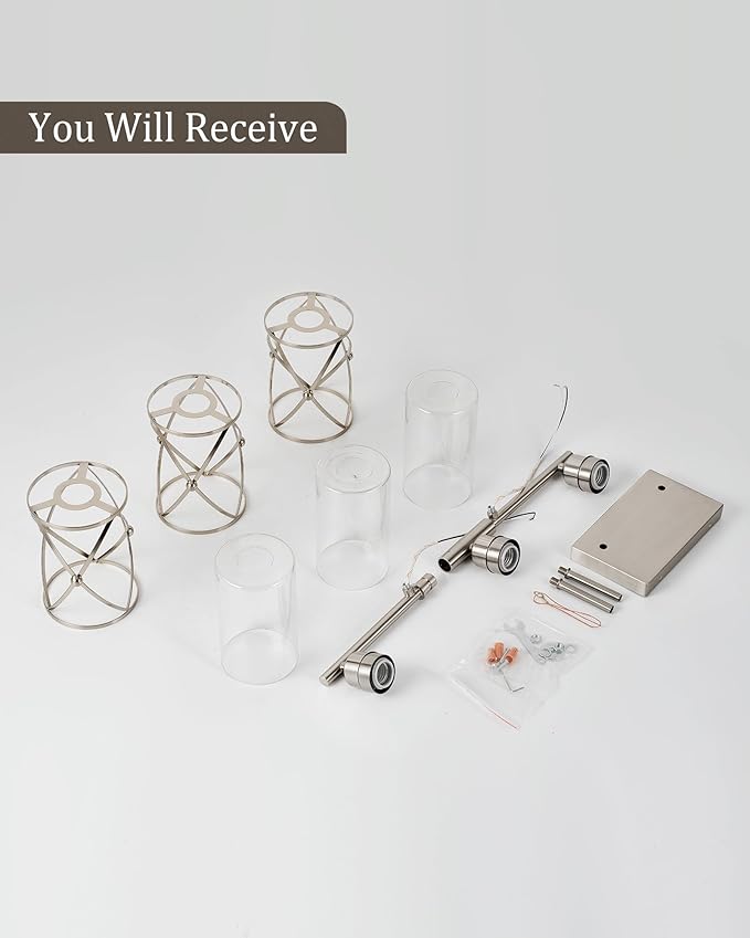 3-Light Brushed Nickel Bathroom Light Fixtures, 21 Inch Modern Bathroom Vanity Lighting Fixtures Over Mirror with Clear Glass and Metal Cage Wall Sconce Lights for Bath, E26, CH9176BN-3W