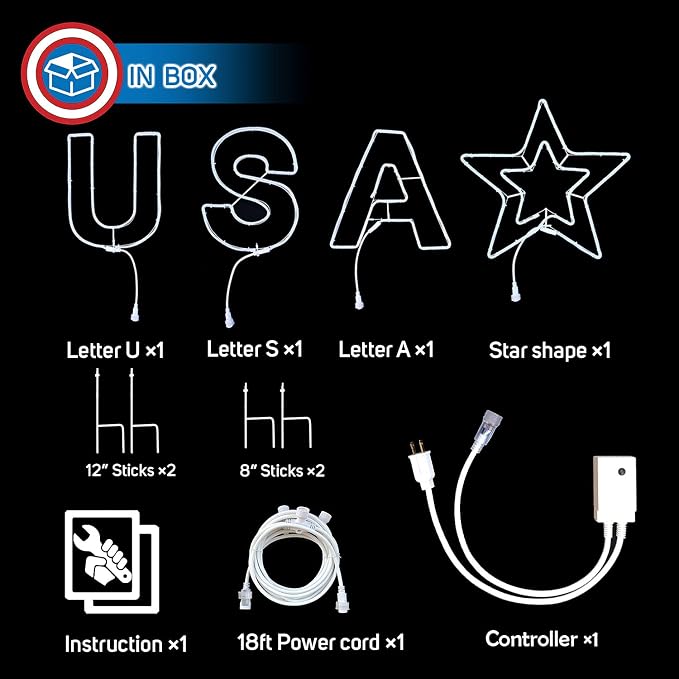 Russell Decor USA Patriotic Yard Sign Liights Star with 4-Level Dimmable Controller Waterproof Outdoor lights Red White Blue (6 ft x 2 ft)