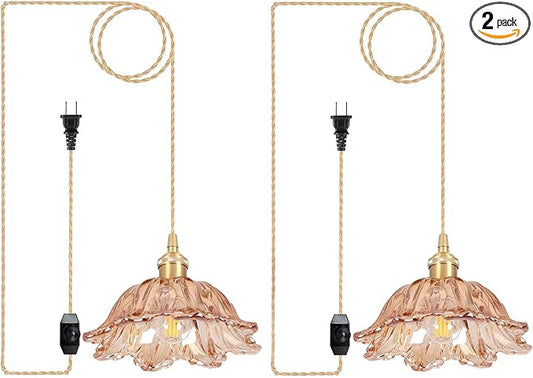 Plug in Pendant Light Fixtures,Hanging Light Fixture Amber Glass Pendant Light 10.6in E26 Pendant Lighting for Kitchen Island, Bedroom, Dining Room, Living Room 2pack