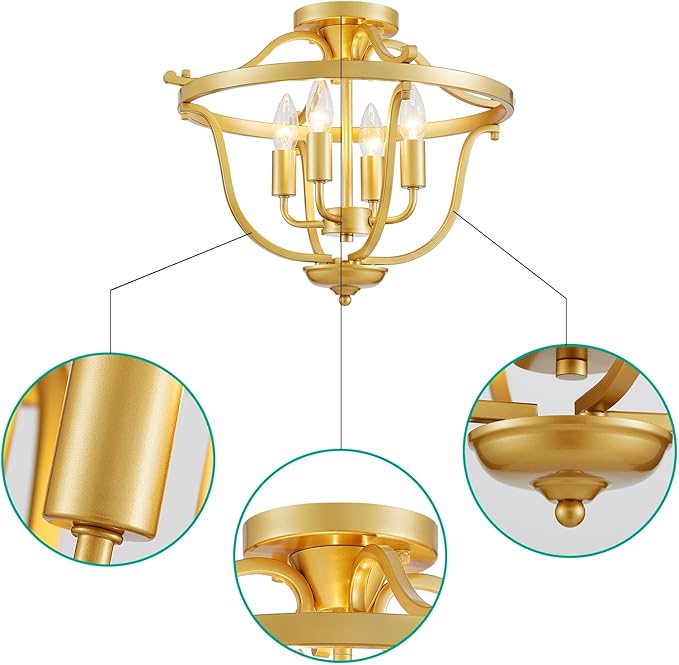 Modern 4-Light Vintage Antique Candle Chandelier Ceiling Light, Gold Ceil Light Fixture for Dining Room, Living Room, Bedroom, Farmhouse Style, Maria Theresa Style, D17.3*H15 inch
