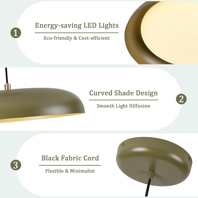 BISAMIYA 16" Modern Dimmable LED Pendant Light - Elegant Deep Green Metal Shade for Kitchen Island, Dining Room & Living Room - 3000K Warm White