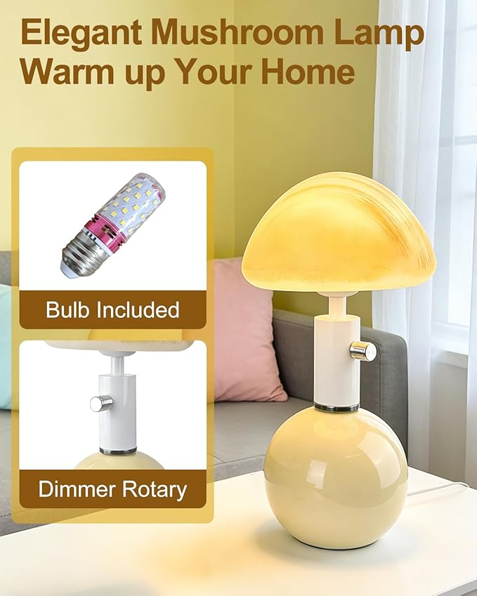 Lightdot Mid Century Modern Stepless Dimmable Table Lamp Ceramic 3000K Warmwhite Desk Lamp with Mushroom-Shaped Shade for Living Room Bedroom Bedside Nightstand Office Home Reading