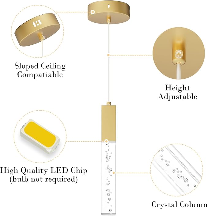 Brass Pendant Lights Kitchen Light Fixture Dimmable Integrated LED Modern Pendant for Kitchen Island Mini Crystal Pendant Light for Bathroom Bedroom 3000K Warm Light(2-Pack)