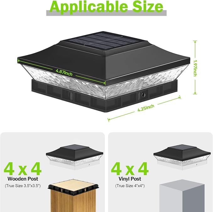 Solar Post Cap Lights Outdoor 6-Pack, Waterproof Solar Fence Post Lights Fit for 3.5x3.5 4x4 Wood/Vinyl Posts, Solar Powered Deck Post Lights with 2 Modes(Warm/Cool White), Ideal for Patio, Black
