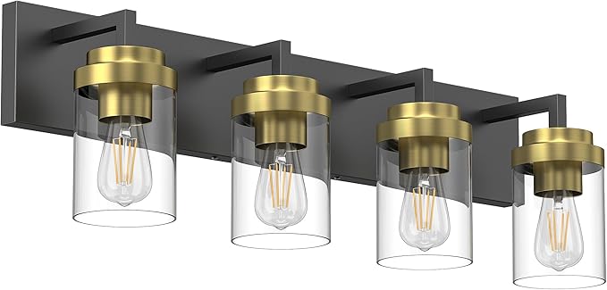 Espird Bathroom Lighting Fixtures, 4-Light Bathroom Vanity Lights Over Mirror, Black and Gold Vanity Light with Glass Shade, Modern Vanity Lighting Fixtures for Bathroom, Bedroom, Hallway