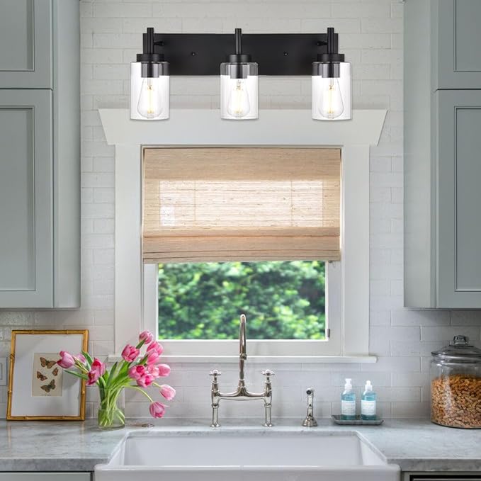 VINLUZ Vanity Bathroom Light Fixture Black 3 Lights Rustic Wall Sconce Lighting with Clear Glass Shade Vintage Porch Wall Lamp （Patent No.: US D958,438 S