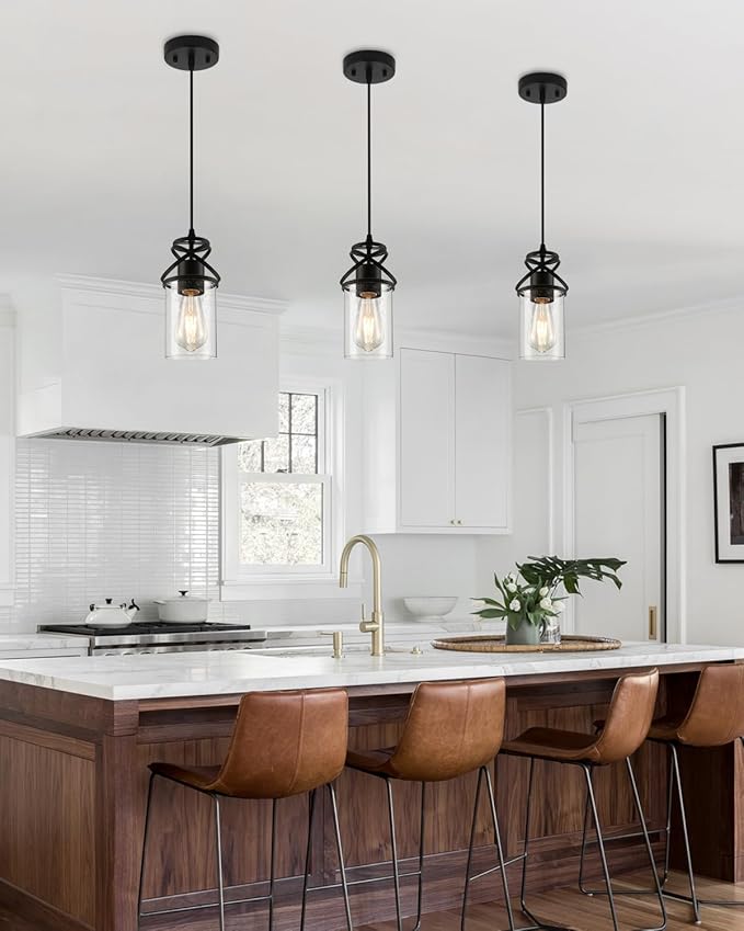 Pendant Kitchen Island Light, Modern Pendant Lighting with Glass Shade, E26 Socket and Adjustable Cable, Suitable for Living Rooms, Bedrooms, Hallways