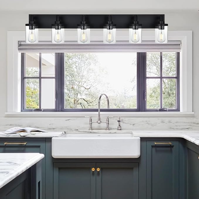 Black Bathroom Vanity Light Fixture,6 Light Vintage Bathroom Lighting Fixtures Over Mirror with Clear Glass Shade Wall Lighting Fixture for Kitchen Living Room Dresser Bedroom Corridor