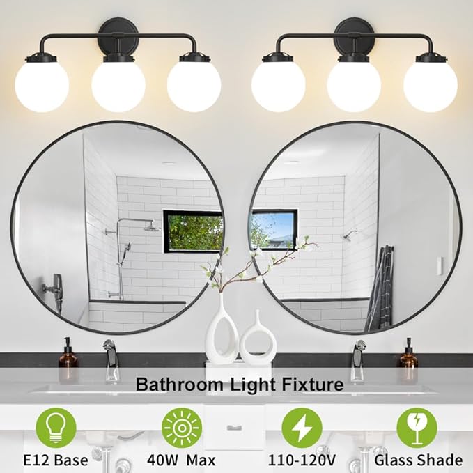 Black Bathroom Light Fixtures Over Mirror, 3-Light Modern Vanity Lighting with Milk White Glass Globe Shade Wall Sconce