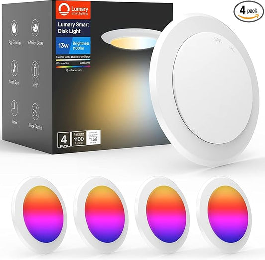 Lumary 13W Smart Flush Mount Ceiling Lights 5/6 Inch, RGBWW WiFi LED Disk Light, Color Changing 2700-6500K Dimmable Recessed Lighting, Surface Mount, Compatible with Alexa/Google Assistant-4Pack