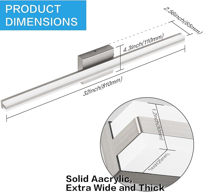 SOLFART Bathroom Lighting Fixtures Over Mirror Dimmable 32 Inch LED Vanity Lights Brush Nickel Bathroom Light S8200-810mm-NK-D