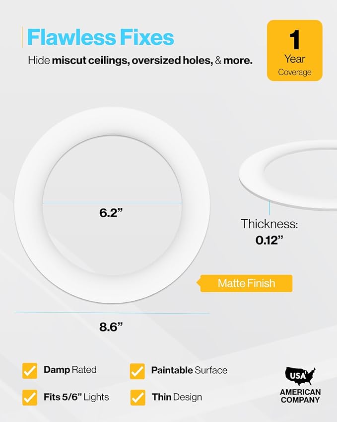 Sunco 24 Pack Goof Rings for 6 Inch Recessed Lights, Flush Mount White Can Light Trim Ring Cover, Outer Diameter 8.6 Inch, Inner Diameter 6.2 Inch, Paintable Surface, Matte Finish.