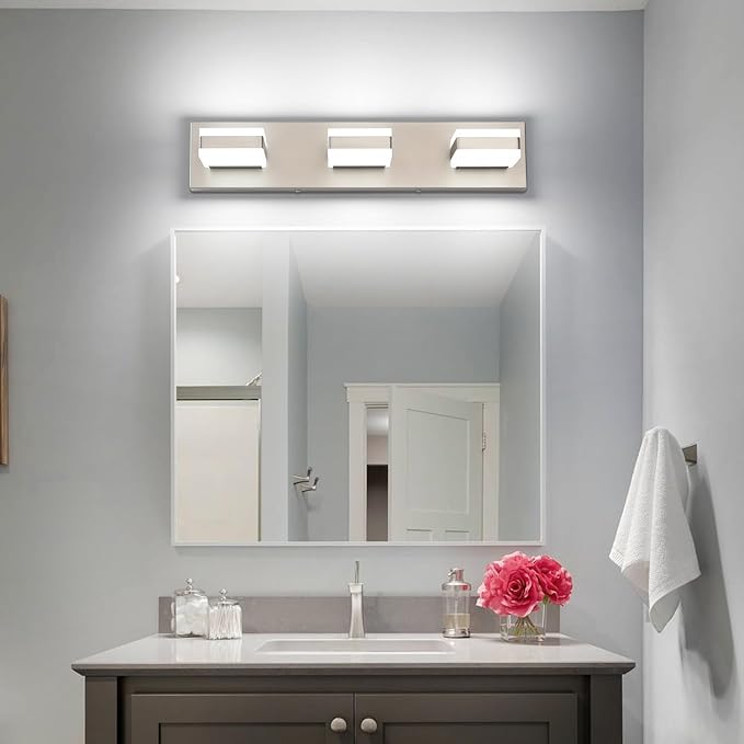 SOLFART Brushed Nickel Vanity Lights Over Mirror, 3 Light LED Bathroom Light Fixture, Vanity Light for Bathroom Modern LED Lights 6000K