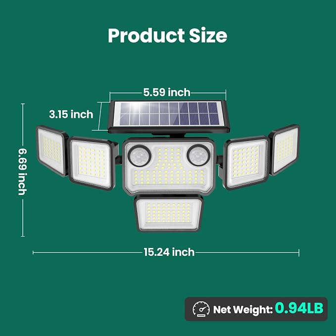 Solar Lights Outdoor, 6000LM 310 LEDs Dual Motion Sensor Solar Flood Lights 6 Heads Security Wall Lights, IP65 Waterproof, Remote Control for Garden, Outside, Backyard, 1 Pack