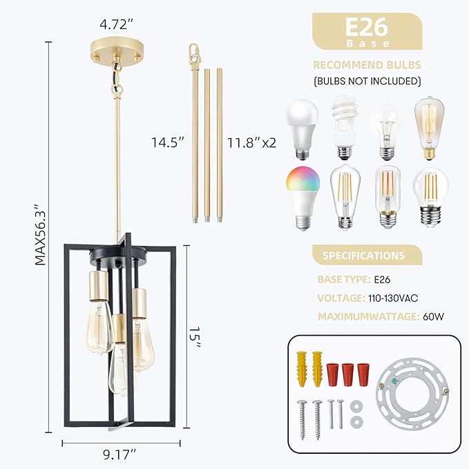 Industrial Farmhouse Pendant Lights,Rectangle 3-Light Modern Black and Golden Chandelier,Geometric Metal Cage Adjustable Rods Pendant Lighting Fixture for Kitchen Island Dining Room Living Room Foyer