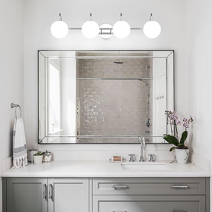Chrome Mid Century Modern 4-Light Bathroom Light Fixtures Over Mirror, Vanity Wall Sconces With Globe Frosted Milk Glass